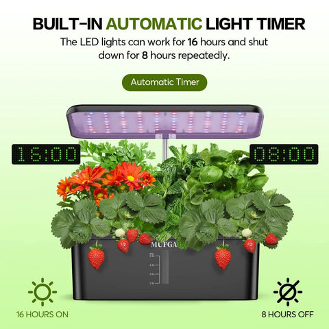 12 Pod Hydroponics Growing System With LED Grow Light For Indoor Garden, Germination Kit, showing automatic light timer