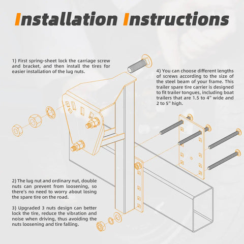 Diagram showing installation instructions for Spare Tire Mount For Utility Trailers With 3 Nut Design Heavy Duty Spare Tire Carrier