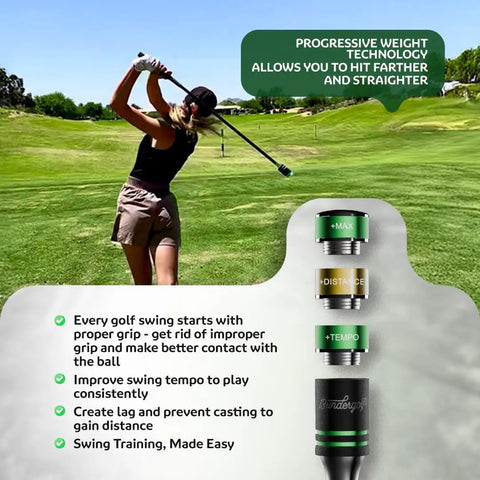 Woman using Indoor Golf Swing Trainer With Adjustable Weights For Right Handed Players on golf course with instructions inset