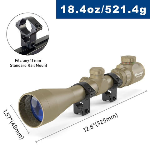 3-9x40 Rifle Scope With Red Green Illuminated Rangefinder Reticle, Waterproof And Fog Proof, Fits 11mm Free Mounts shown
