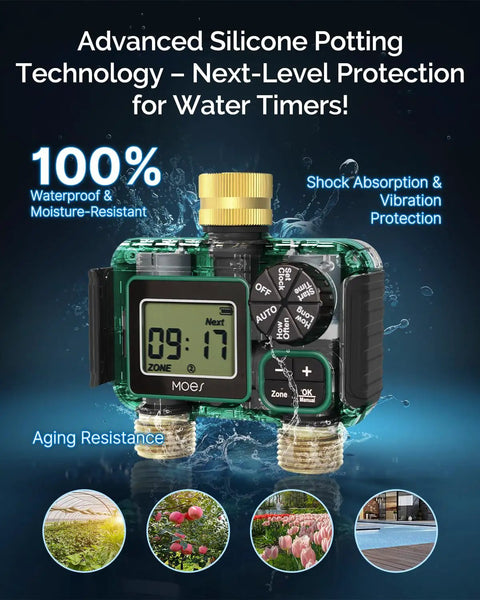 Advanced silicone potting Two Zone Sprinkler Timer with brass inlet and outlet, waterproof and shock-resistant design