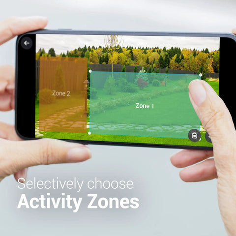 Person selecting activity zones on smartphone for Outdoor 2K Security Camera With Auto Spotlight, Person Tracking, Color Night Vision.