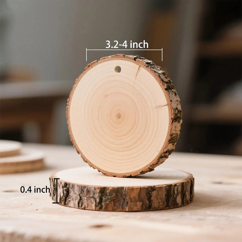 Close-up of Ready To Hang Wood Slices Craft Kit with a 3.2-4 inch natural pine disc showing pre-drilled holes for ornaments and decor.