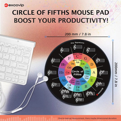 Round Mouse Pad With Circle Of Fifths Design, Premium Textured Surface, Washable, Non Slip Rubber Base, Small Desk Mat 7.87 Inches