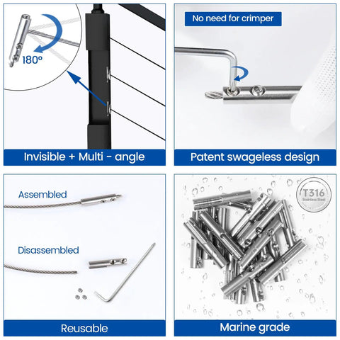 40 Pack Swageless Invisible Cable Railing Kit Hardware for One Eighth Inch Wire Rope and Hollow Metal Posts Fixed End Fittings CB17 Stainless Steel Easy Install Hardware Included, showing assembly and marine grade quality.