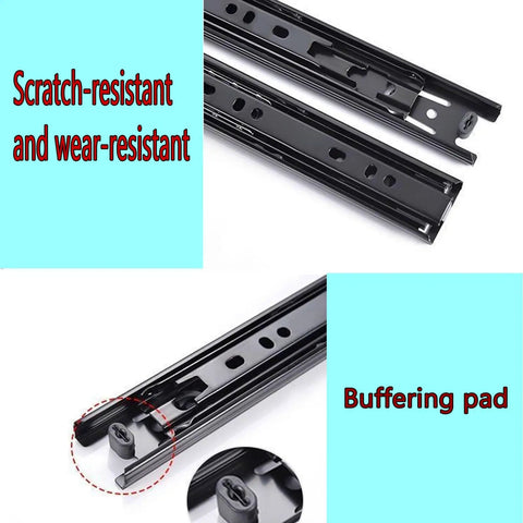 Beefy Industrial Heavy Duty Drawer Slides Telescoping Metal Runners With Thick Steel Plate And Black Wear Resistant Coating Built To Handle Big Loads Without Bending, black drawer slide close-up