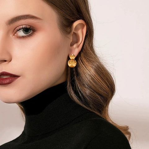Gold Double Ball Drop Earrings For Women Round Ball Bead Dangle Studs Trendy Jewelry Must Have Hypoallergenic Lightweight Everyday Wear Gift Idea Classic Yet Modern Gold Tone Accessories, gold double bead close-up