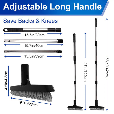 Grout Cleaning Brush With Adjustable Long Handle Swivel Head V Shaped Stiff Bristles Tile Scrubber dimensions and parts shown.