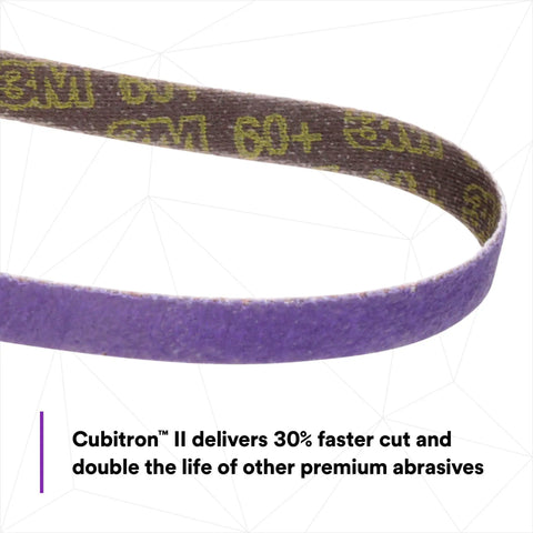 Cubitron II File Belts 60 Plus Grit 3/8 Inch By 13 Inch Pack Of 10 Resin Bonded For Spot Weld Removal And Deburring, close-up view