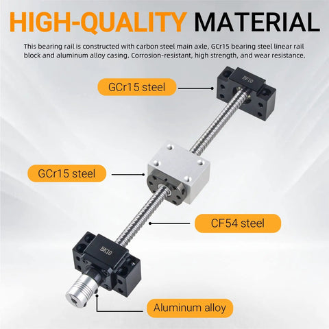 Ball Screw Assembly 400mm Long 12mm Diameter with End Machining and Nut showing steel components and materials labeled