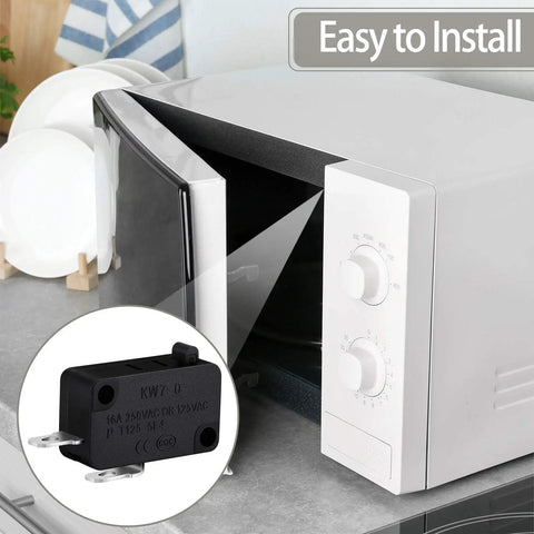 Microwave with door open, showing switch from 6 Pack Microwave Oven Door Switch Replacement Kit For W10269458 W10727360 W10269460 SZM-V16-FC-61 62 63 Fits Most Microwave Ovens, Easy Install, Durable Replacement Parts For Reliable Microwave Repair