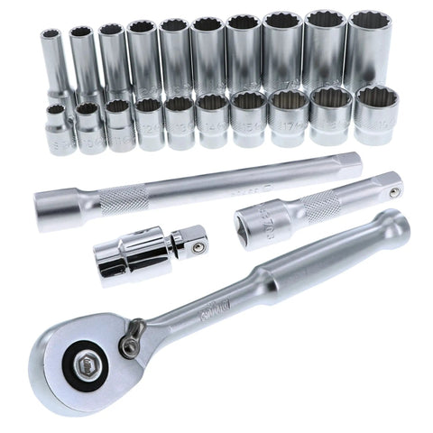 Three Eighths Inch Drive Socket Tray Set, 24-Piece Pro Grade Metric Standard And Deep Sockets, 8mm-19mm, with ratchet