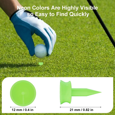 Golfer placing ball on Durable Neon Green 0.82 Inch Golf Tees Pack Of 100 For Easy Tee Up, Short Tees With Thick Body For Stability