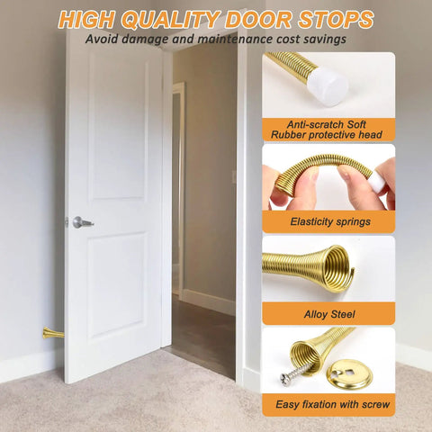 Spring Door Stoppers 12 Pack Wall Protectors For Inside Doors With 6 Rubber Bumpers Gold Finish shown installed on a wall