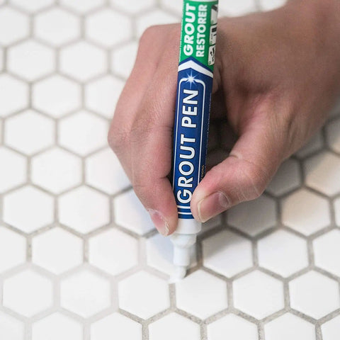 White Grout Pen For Tile Grout Painting And Whitening Waterproof Colorant And Sealer Marker With Narrow Five Millimeter Tip Two Pack With Extra Tips Quick Drying Bleach Free For Cleaner Looking Floors And Bathrooms in use on hexagon tiles