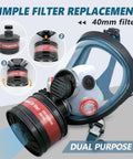 Full Face Gas Mask With Anti Fog Shield And 40mm Activated Carbon Filter For Organic Vapors, Chemical Handling, Polishing, Welding And Logging, Built Tough All Day Comfort Respirator For Industrial Safety, showing simple filter replacement.