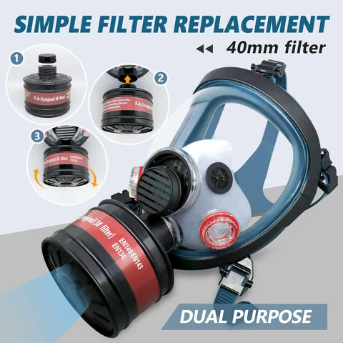 Full Face Gas Mask With Anti Fog Shield And 40mm Activated Carbon Filter For Organic Vapors, Chemical Handling, Polishing, Welding And Logging, Built Tough All Day Comfort Respirator For Industrial Safety, showing simple filter replacement.