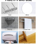 Collage showing multi-purpose uses: metal hook, round mirror, corner shelving unit, towel rack, tissue box, skirting line.