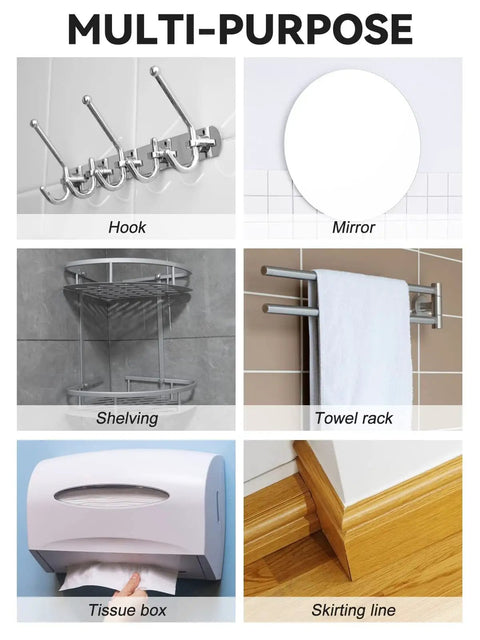 Collage showing multi-purpose uses: metal hook, round mirror, corner shelving unit, towel rack, tissue box, skirting line.