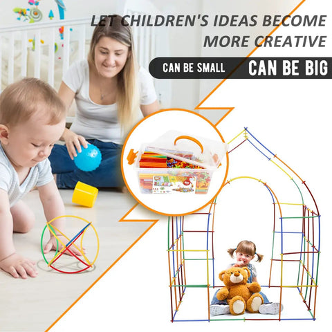 Children playing with Straw Constructor Building Kit With 600 Pieces, STEM plastic tubes creating structures, includes storage box.