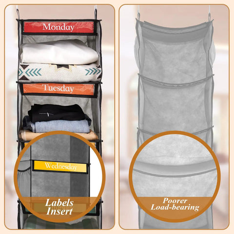 Comparison showing Two Pack 6 Shelf Weekly Kids Clothes Organizer With Side Pocket 47 Inch Hanging Divider Kid Friendly