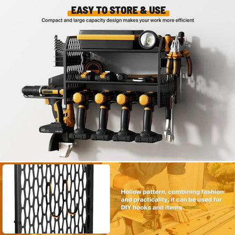 Power Tool Storage Rack With Six Drill Holders And Pegboard Organizer Shelf For Garage Walls, wall-mounted, black finish