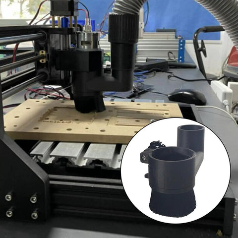 Powerhouse Magnetic Spindle Brush Dust Shoe For Cnc Woodworking with quick change bristles mounted on a CNC router.