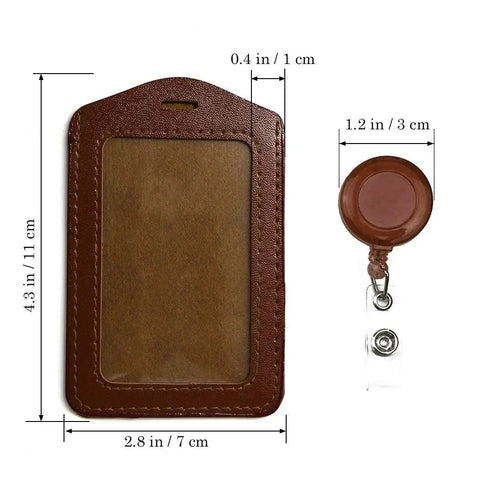 20 Pieces PU Leather Badge Reel Card Holders Set With Retractable Reels And Durable Metal Clip Back, brown vertical version