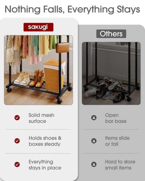 Bulletproof Double Rod Clothes Rack With Wire Mesh Shelves And Storage Hooks Top Tier Steel Garment Stand Supports Up To One Seventy Pounds Matte Black For Everyday Closets