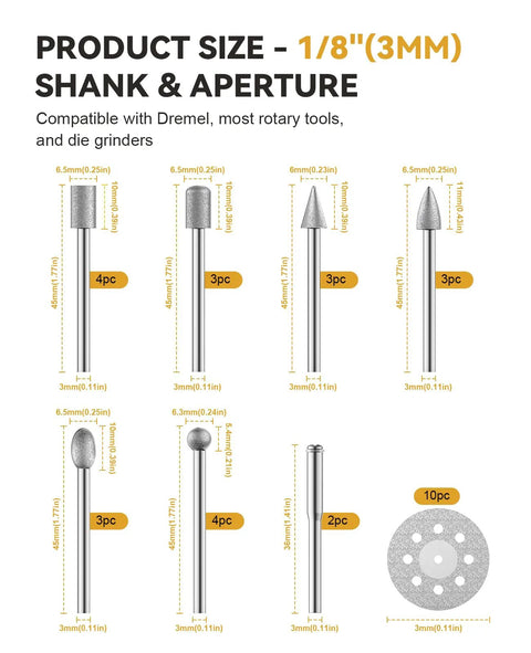 Heavy Duty Knockout 32 Piece Rotary Tool Accessory Kit Featuring Diamond Grit Cutting Wheels Aluminum Oxide Grinding Bits and Universal Shank Mandrels For Dremel Power Projects shank sizes with tools shown for precise grinding.