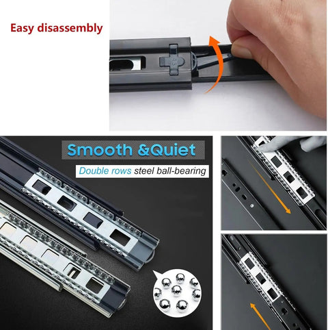Heavy Duty Drawer Slides 10 To 22 Inch Ball Bearing Full Extension 3 Section Rails 1 Pair Metal Side Mount Drawer Rails For Cabinet Nightstand Office Drawers Smooth Quiet Operation And 100Lb Capacity showing smooth disassembly and ball-bearing design