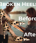 Leopard print high heels repaired with Black Shoe Glue Pro Grade Adhesive For Shoes, Boots, Sandals, Sneakers And Handbags And More