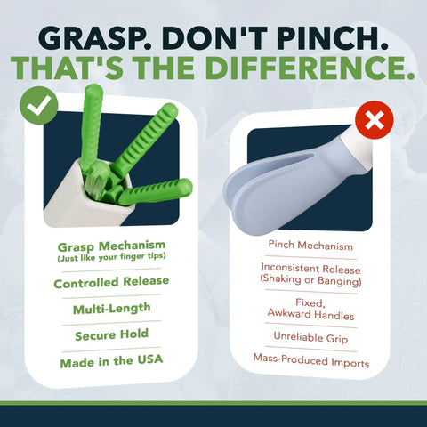 Comparison between grasp mechanism and pinch mechanism for toilet wiping aid, highlighting features of the 20 Inch Toilet Wiping Aid For Men And Women Multipurpose Personal Hygiene Tool To Secure Toilet Paper And Wet Wipes Hold Loofahs And Razors No Reach Ideal For Elderly Disabled And Postoperative Care.