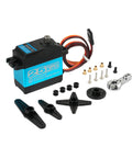 DS3225 PRO 25Kg Coreless RC Servo With Aluminum Body 7.4V High Voltage Ultra Fast 0.06s 60 Degree Response Full Metal Stainless Gear Waterproof And Dustproof Built Like A Beast For Heavy Duty RC Cars And Drones., DS3225 PRO servo with horn arms, screws, and aluminum body