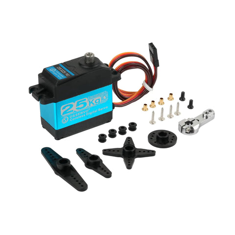 DS3225 PRO 25Kg Coreless RC Servo With Aluminum Body 7.4V High Voltage Ultra Fast 0.06s 60 Degree Response Full Metal Stainless Gear Waterproof And Dustproof Built Like A Beast For Heavy Duty RC Cars And Drones., DS3225 PRO servo with horn arms, screws, and aluminum body