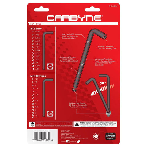 Packaging of Ultimate 26 Piece Long Arm Ball End Hex Key Set With SAE And Metric Allen Keys, showing size and features guide.