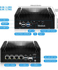 Quiet Fanless Mini Pc With Intel N100 Quad Core Chip For Home Network Firewalls And Routers Delivers Ddr5 Speed QuadPort2Point5Gbe Ethernet Opnsense Ready No Sweat Operation rear ports and dimensions