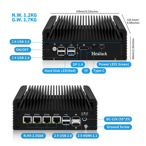 Quiet Fanless Mini Pc With Intel N100 Quad Core Chip For Home Network Firewalls And Routers Delivers Ddr5 Speed QuadPort2Point5Gbe Ethernet Opnsense Ready No Sweat Operation rear ports and dimensions