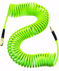 Kickass Polyurethane Recoil Air Compressor Hose 1/4 Inch By 50 Feet coiled design in bright green, featuring quick connect fitting.