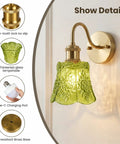 YUNICE Rechargeable Wall Sconces Set of 1 Battery Operated Wall Sconce with Remote Control Dimmable showing green glass lampshade and brass base.