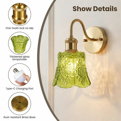 YUNICE Rechargeable Wall Sconces Set of 2 Battery Operated Wall Sconce with Remote Control Dimmable details of green glass lampshade