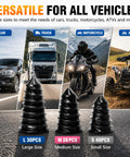 Roadside Tire Repair Kit With 100 Self Sealing Screw Plugs Three Sizes Safe For Cars Trucks Motorcycles SUVs Includes Tools And Portable Case Fix Punctures In Minutes Without Tire Removal shown with vehicles