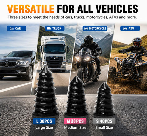 Roadside Tire Repair Kit With 100 Self Sealing Screw Plugs Three Sizes Safe For Cars Trucks Motorcycles SUVs Includes Tools And Portable Case Fix Punctures In Minutes Without Tire Removal shown with vehicles