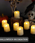 Rechargeable Flameless Tea Lights With Timer And Remote 12 Pack Flickering LED Votive Candles With Two USB Charging Cables Warm White Glow For Home Halloween And Xmas Decor Easy Peasy To Use And Low Maintenance in Halloween setting with skull and raven