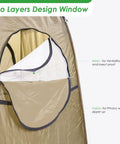 Close-up of mesh window on Easy Pop Up Camping Shower Tent With Privacy Changing Room showing two-layer design in army green.