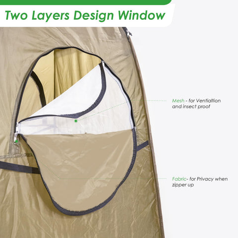 Close-up of mesh window on Easy Pop Up Camping Shower Tent With Privacy Changing Room showing two-layer design in army green.