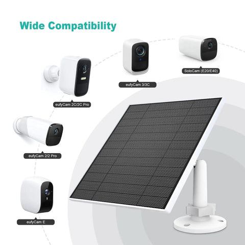 5W Solar Panel Charger For Eufy Outdoor Cameras Compatible With EufyCam 3 3C 2 2 Pro 2C 2C Pro E E20 E40 L20 L40, shown with camera models.