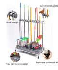 Stainless Steel Broom And Mop Organizer Rack With Five Racks And Six Hooks, Heavy Duty Floor Mounted Mop Holder, Weatherproof 44 Lb Capacity
