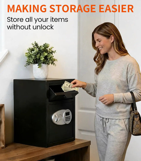 Woman using 2.6 Cu Ft Depository Safe For Business With Quick Drop Slot And Digital LCD Display Cash Drop Safe