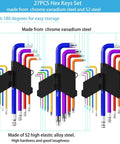 27 Piece Hex Key Set Color Coded Chrome Vanadium Steel with folding storage holder, showing color-coded long arm keys.